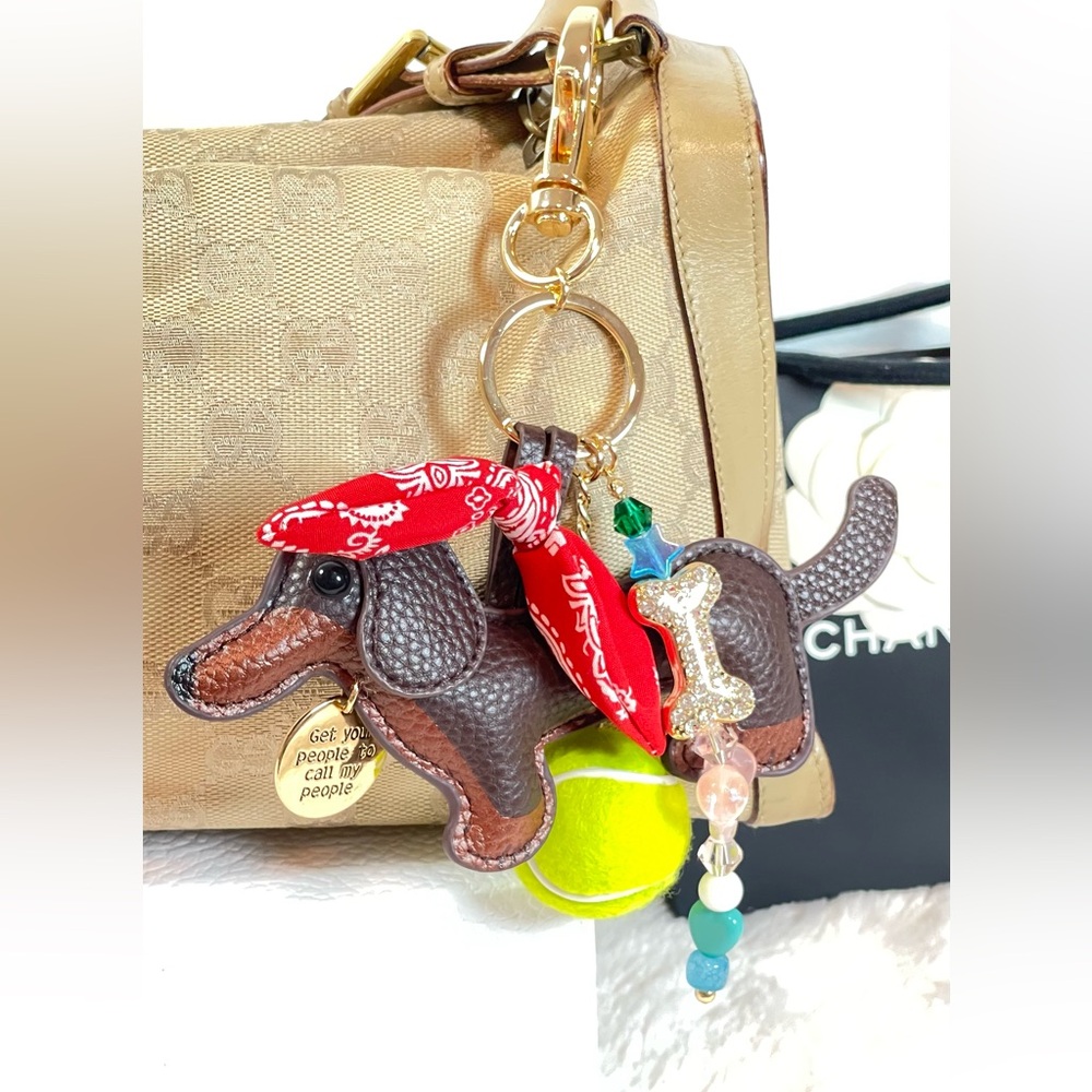 Dachshund Dog Keychain Charm with Red Bandana and Neon Tennis Ball